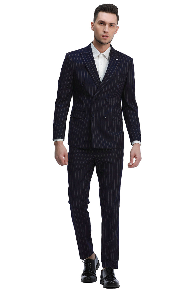 Men's Slim Fit Double Breasted Bold Gangster Pinstripe Suit in Navy Blue