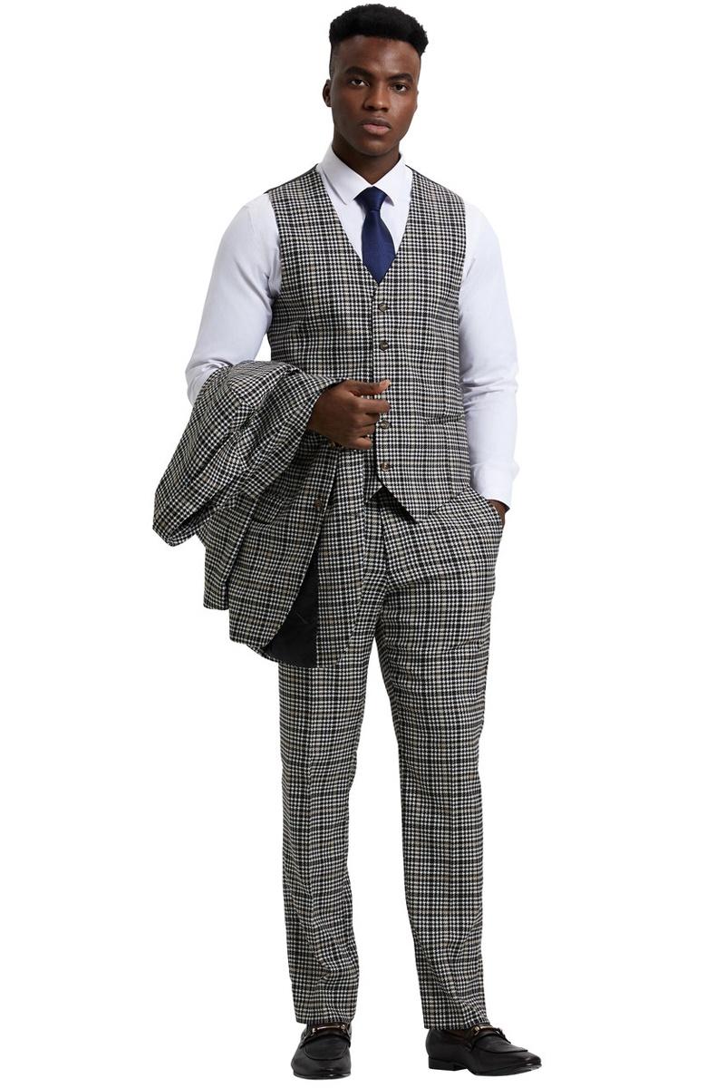 Men's Stacy Adams Vested Modern Fit Houndstooth Glen Plaid Suit in Grey & Green