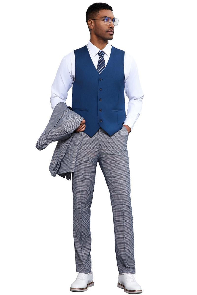 Men's Stacy Adams One Button Peak Lapel Vested Micro Check in Light Blue with a French Blue Vest