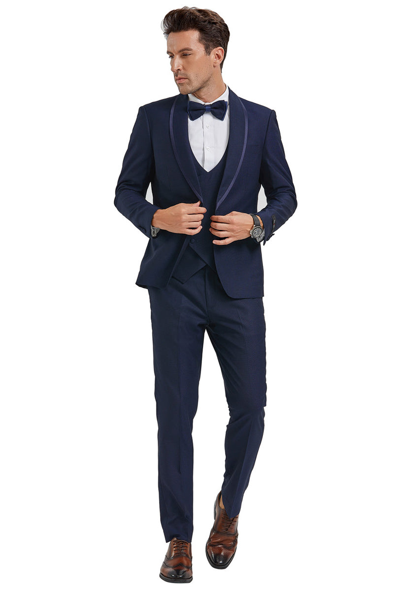 Men's One Button Vested Shawl Tuxedo in Navy Blue Birdseye with Blue Satin Trim