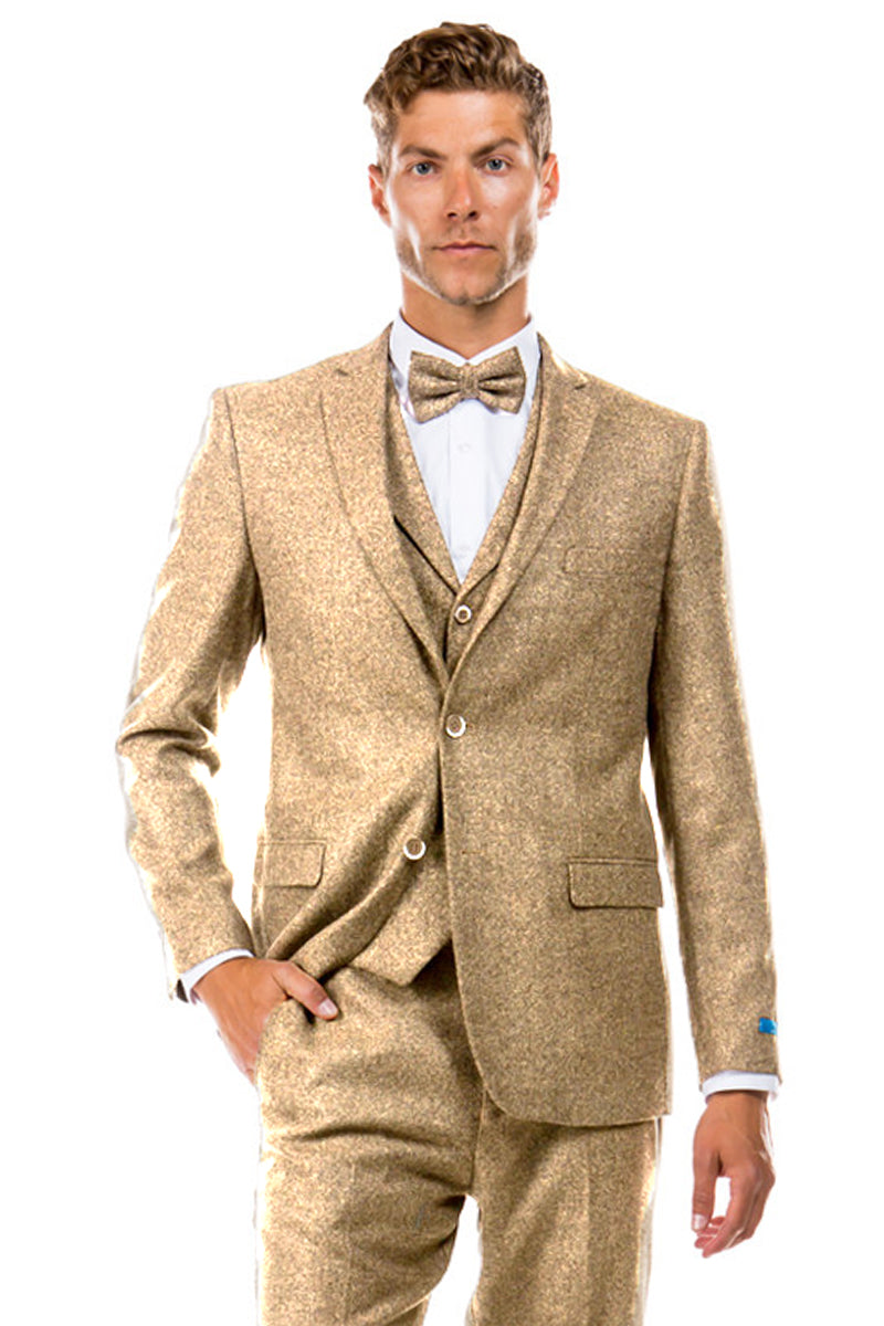 Men's Two Button Vested Vintage Style Tweed Wedding Suit in Beige