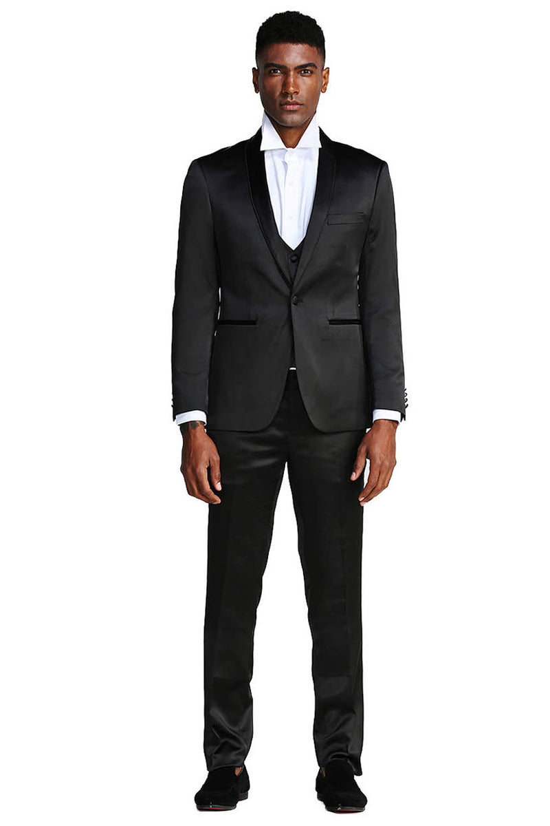 Men's Slim Fit Vested Shiny Satin Prom & Wedding Tuxedo Suit in Black