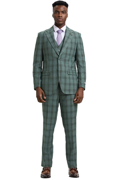 Men's Stacy Adams Two Button Vested Glen Plaid Check Suit in Light Olive Green