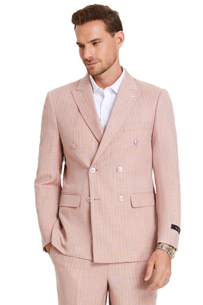 Men's Slim Fit Double Breasted Summer Pastel Suit in Rose Pink Pinstripe