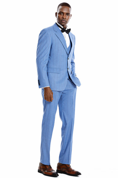 Men's Two Button Vested Wide Notch Lapel Vintage Style Pinstripe Suit in Smoke Blue