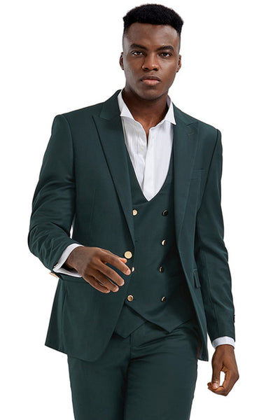 Men's One Button Peak Lapel Vested Suit with Gold Buttons in Hunter Green