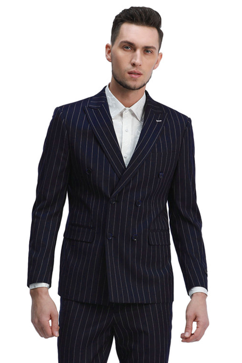 Men's Slim Fit Double Breasted Bold Gangster Pinstripe Suit in Navy Blue