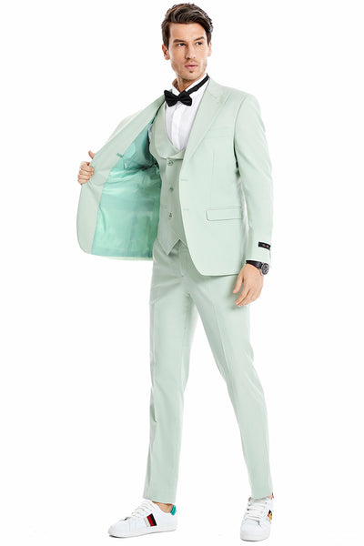 Men's Two Button Vested Peak Lapel Pastel Wedding & Prom Suit in Mint Green