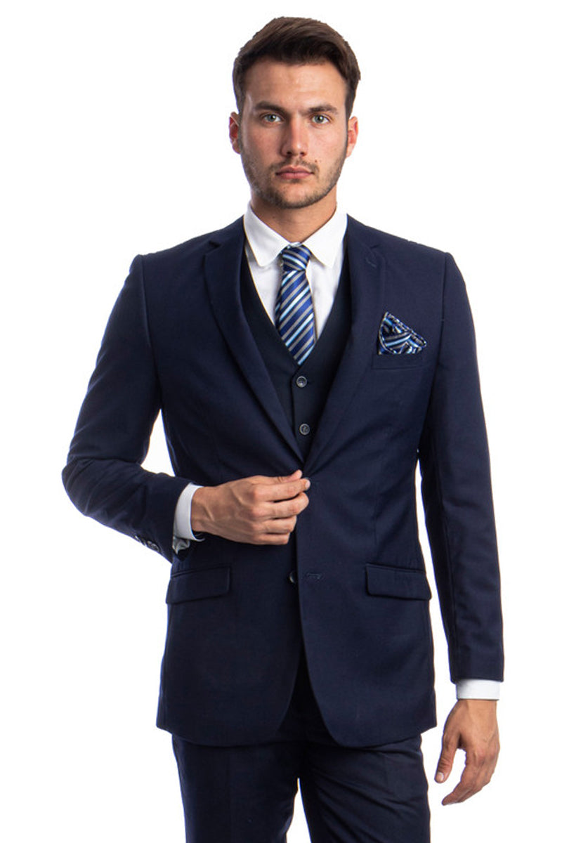 Men's Two Button Basic Hybrid Fit Vested Suit in Navy Blue