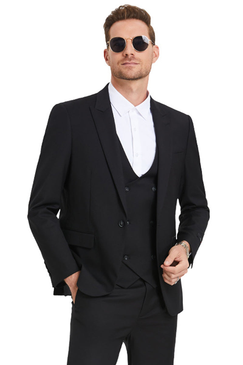 Men's Slim Fit One Button Peak Lapel Low Cut Double Breasted Vest Wedding Suit in Black