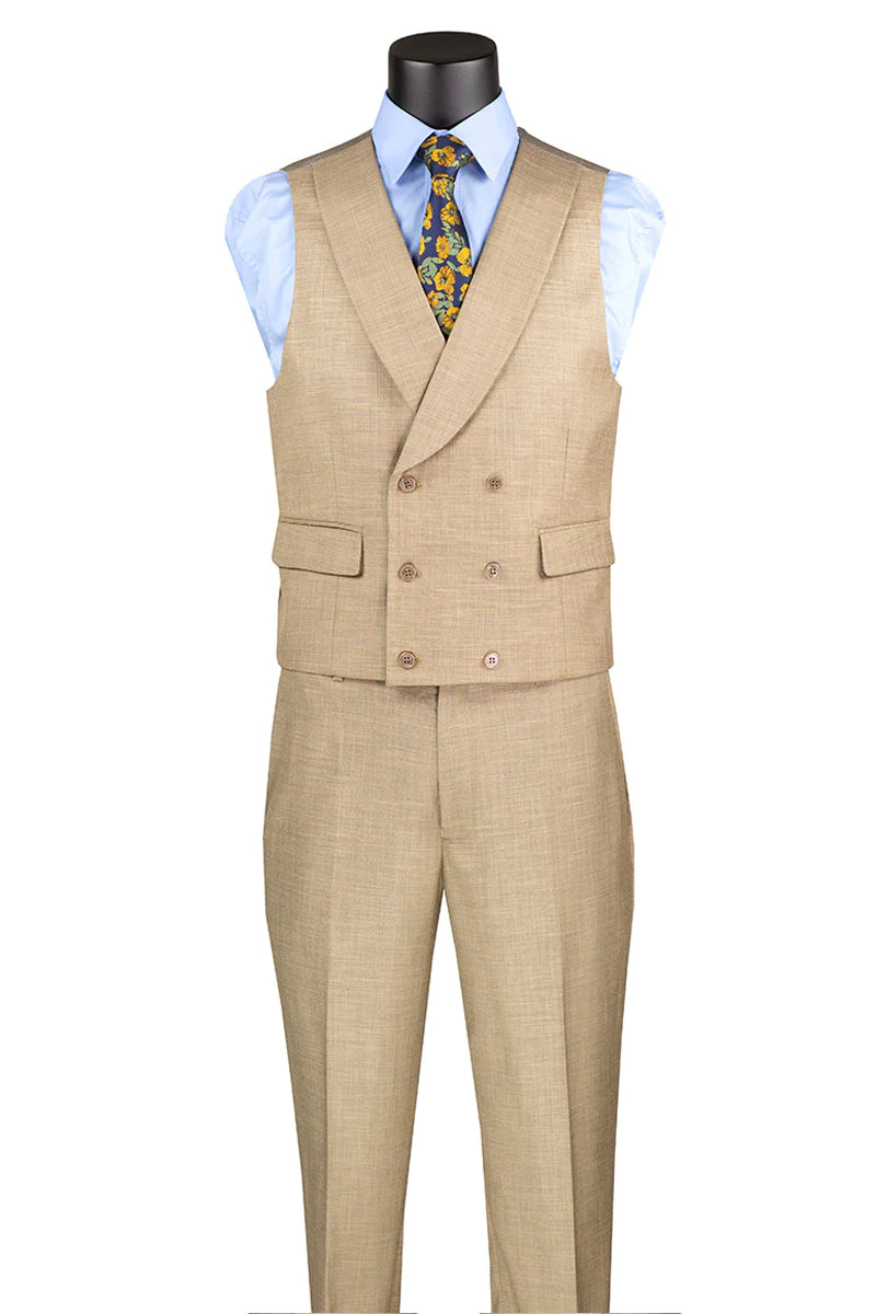 Men's Summer Sharkskin Suit with Double Breasted Vest in Tan