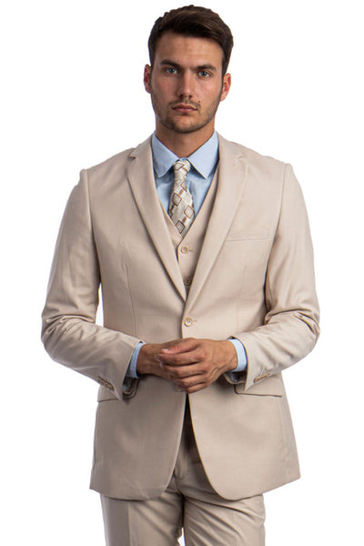 Men's Two Button Basic Hybrid Fit Vested Suit in Tan