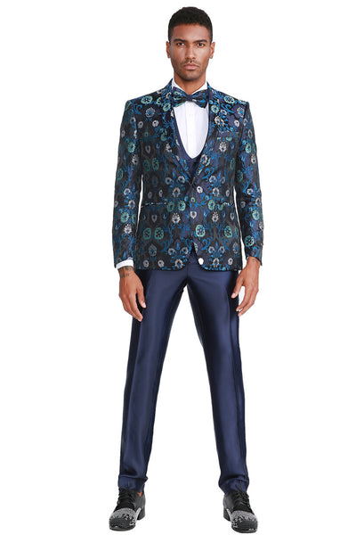 Men's One Button Vested Floral Print Prom & Wedding Tuxedo with Satin Vest and Pants in Navy Blue