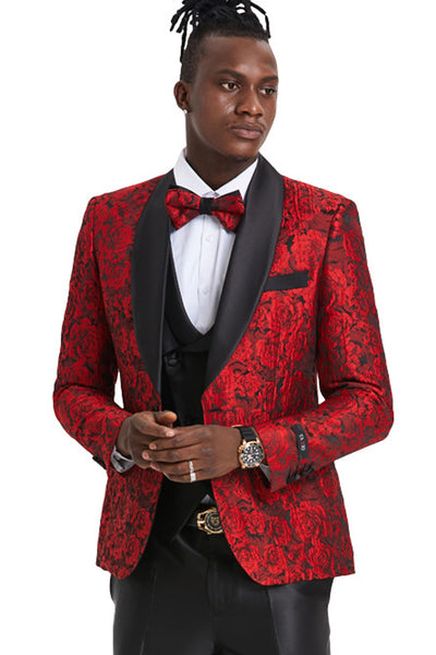 Men's One Button Slim Fit Shiny Paisley Floral Vested Prom Tuxedo in Red