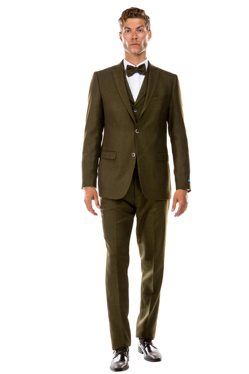 Men's Two Button Vested Vintage Style Tweed Wedding Suit in Olive Green