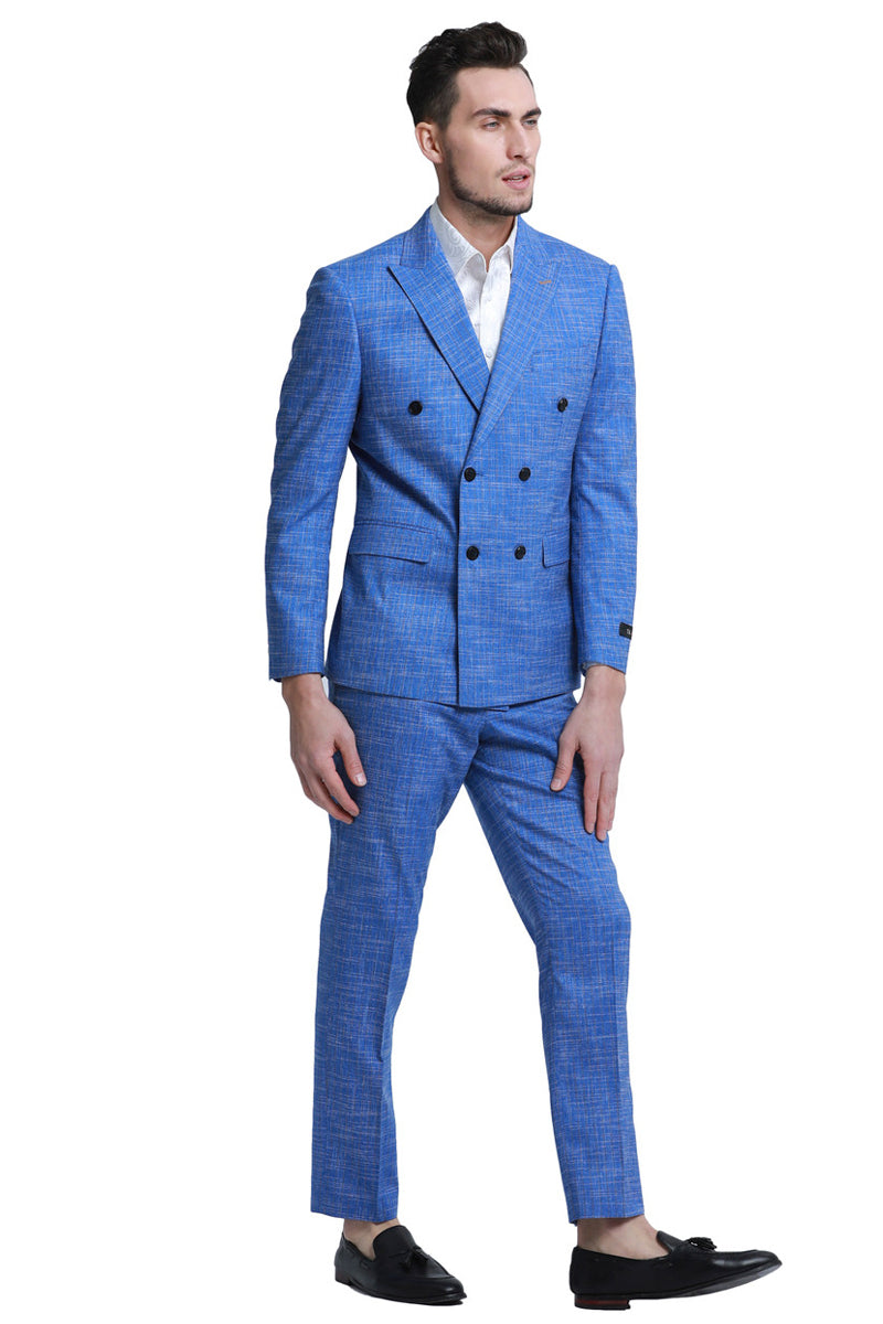 Men's Slim Fit Double Breasted Summer Sharkskin Suit in French Blue ...