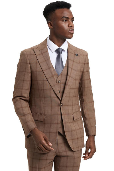 Men's Stacy Adams One Button Vested Suit in Light Brown Windowpane Plaid