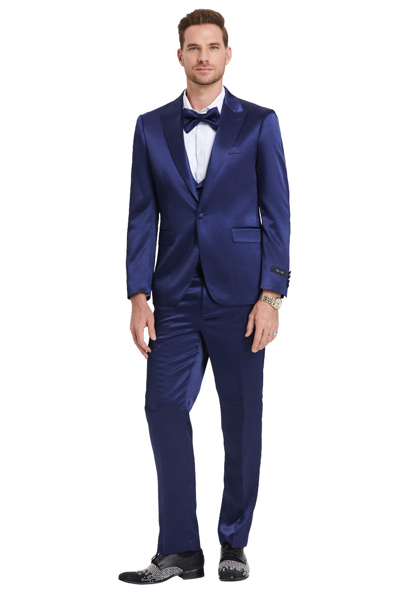 Men's One Button Vested Shiny Satin Sharkskin Prom & Wedding Party Suit in Indigo Navy Blue