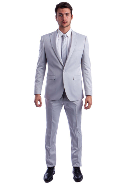 Men's One Button Peak Lapel Basic Slim Fit Suit in Light Grey