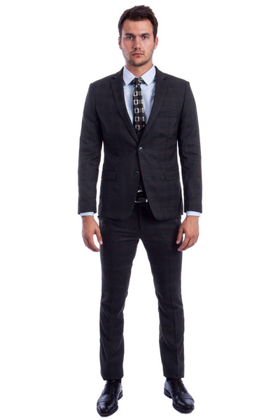 Men's Two Button Vested Skinny Fit Suit with Low Cut Vest in Black Plaid