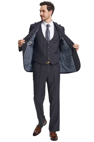 Men's Stacy Adams Peak Lapel Charcoal Grey Windowpane Plaid Suit with a Scoop Neck Vest
