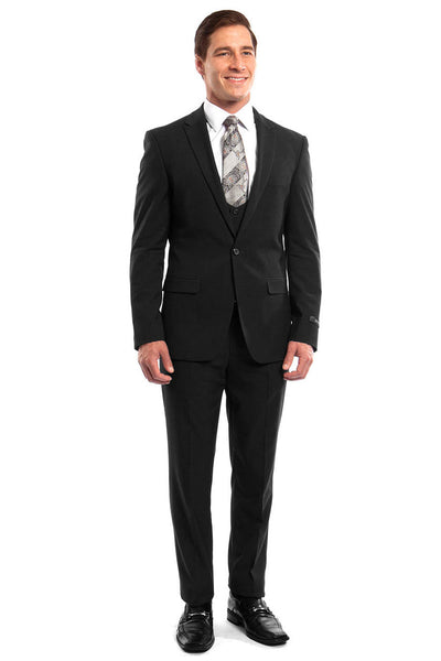 Men's One Button Peak Lapel Skinny Wedding & Prom Suit with Lowcut Vest in Black