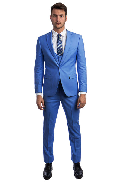 Men's One Button Peak Lapel Skinny Wedding & Prom Suit with Lowcut Vest in French Blue