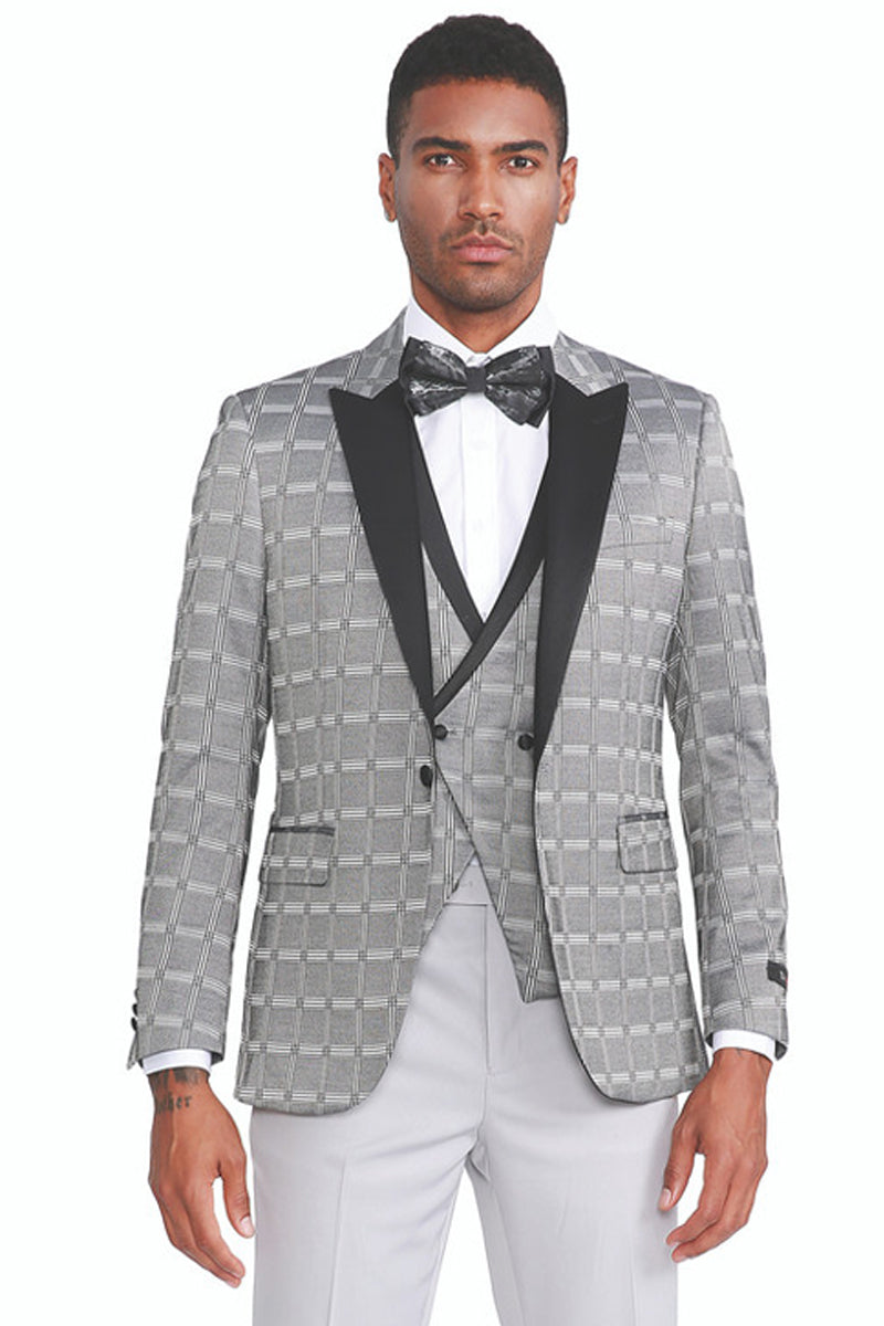 Men's One Button Peak Lapel Tuxedo with Double Breasted Vest in Silver Grey Plaid