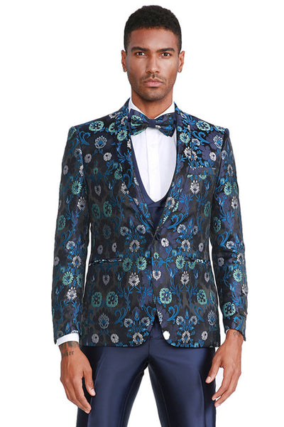 Men's One Button Vested Floral Print Prom & Wedding Tuxedo with Satin Vest and Pants in Navy Blue