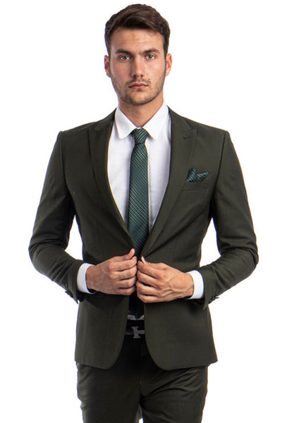 Men's One Button Peak Lapel Basic Slim Fit Suit in Dark Olive Green
