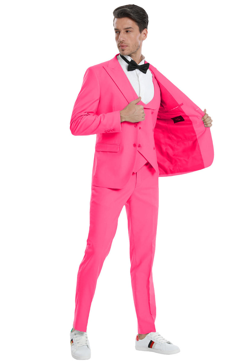 Men's Two Button Vested Peak Lapel Pastel Wedding & Prom Suit in Fuchsia Pink