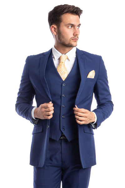 Men's Two Button Basic Hybrid Fit Vested Suit in Indigo Blue