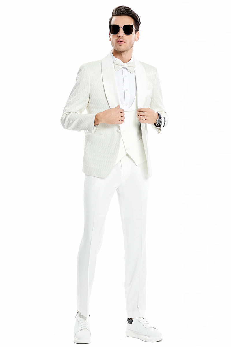 Men's One Button Vested Honeycomb Lace Design Wedding & Prom Tuxedo in Ivory