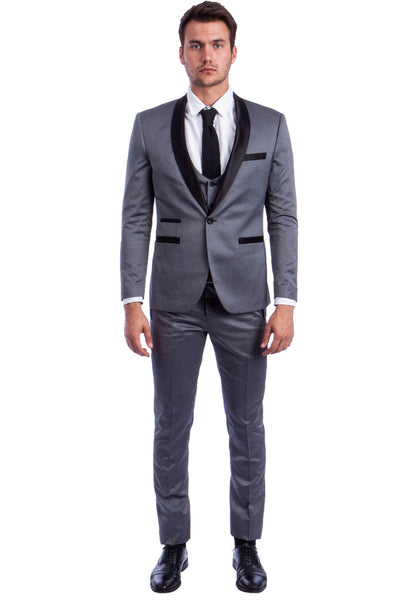 Men's One Button Low Cut Vested Shawl Tuxedo in Grey