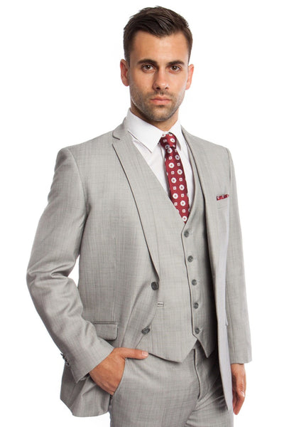 Men's Two Button Vested Business Sharkskin Suit in Light Grey