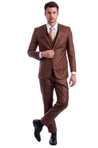 Men's Two Button Hybrid Fit Vested Sharkskin Wedding & Business Suit in Cognac