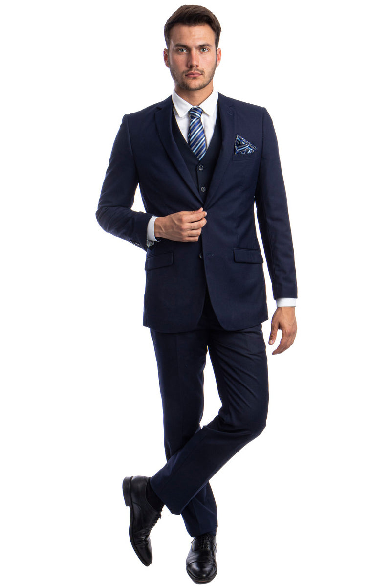 Men's Two Button Basic Hybrid Fit Vested Suit in Navy Blue