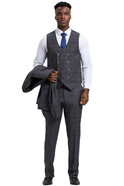 Men's Stacy Adams Peak Lapel Suit with Double Breasted Vest in Charcoal Grey Windowpane Plaid