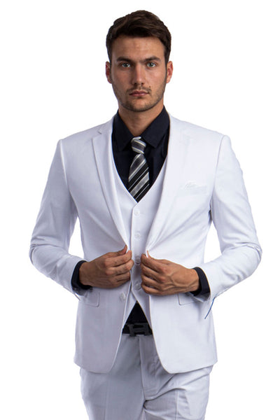 Men's Two Button Slim Fit Vested Solid Basic Color Suit in White
