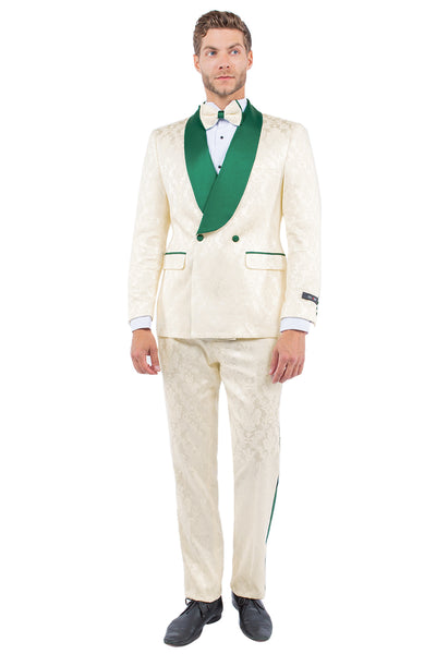 Men's Slim Fit Double Breasted Paisley Smoking Jacket Prom & Wedding Tuxedo in Ivory & Emerald Green