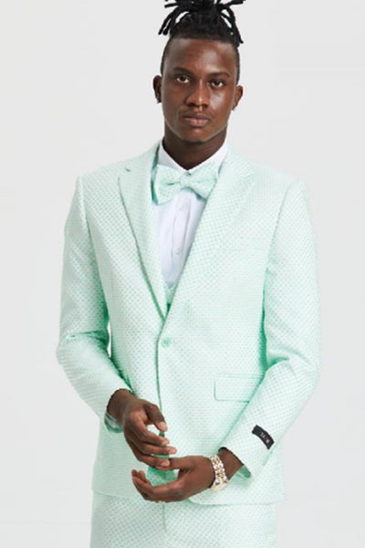 Men's One Button Double Brested Vest Notch Lapel Prom & Wedding Suit in Mint Green Polka Dot