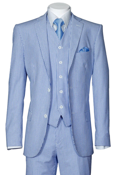 Mens 2 Button Vested Summer Seersucker Suit in Blue