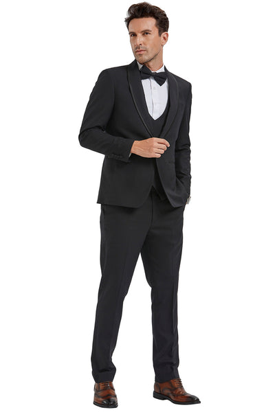 Men's One Button Vested Shawl Tuxedo in Black Birdseye with Black Satin Trim