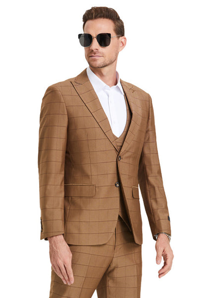 Men's Two Button Vested Peak Lapel Sharkskin Suit in Camel Windowpane Plaid