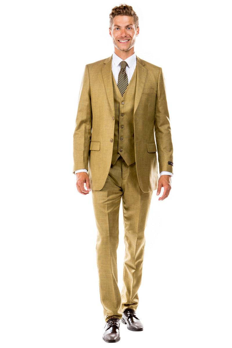 Men's Two Button Hybrid Fit Vested Sharkskin Wedding & Business Suit in Oatmeal Tan