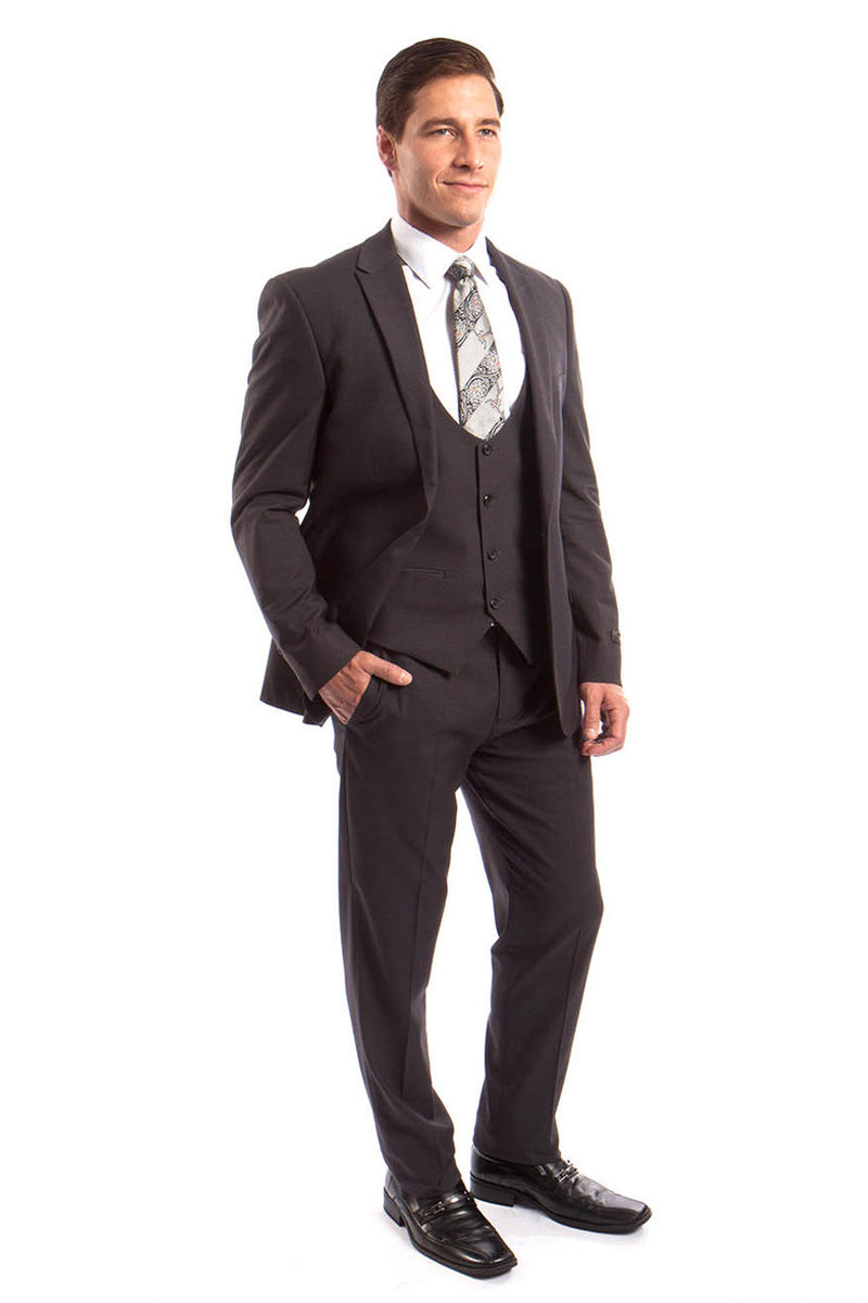 Men's One Button Peak Lapel Skinny Wedding & Prom Suit with Lowcut Vest in Dark Grey