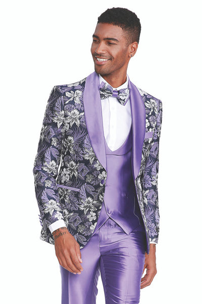 Men's Slim Fit One Button Vested Paisley Shawl Lapel Prom Tuxedo in Purple
