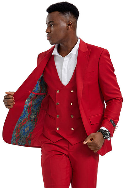 Men's One Button Peak Lapel Vested Suit with Gold Buttons in Red