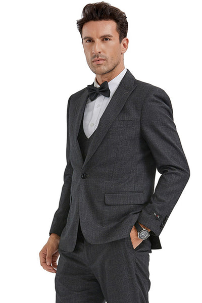 Men's Slim Fit One Button Peak Lapel Suit with Double Breasted Vest in Charcoal Sharkskin