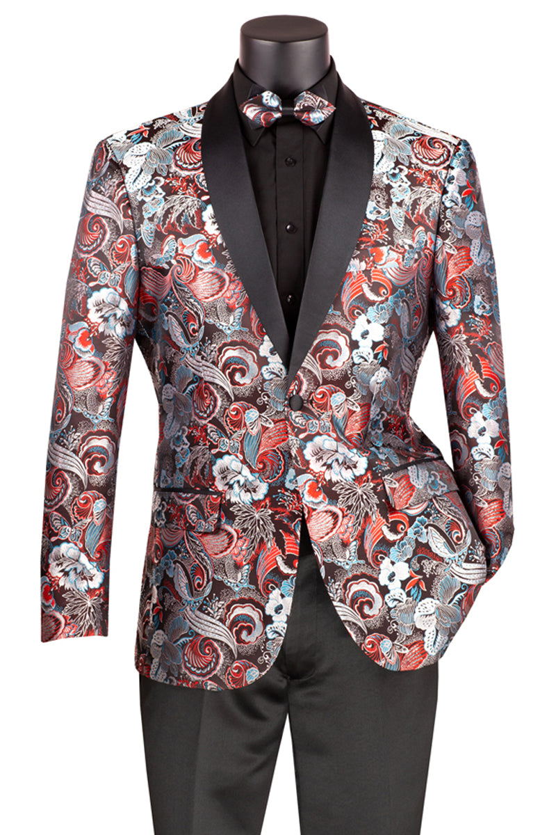 Mens Japanes Floral Paisley Print Prom & Wedding Tuxedo Jacket in Navy Blue X-Large / Burgundy